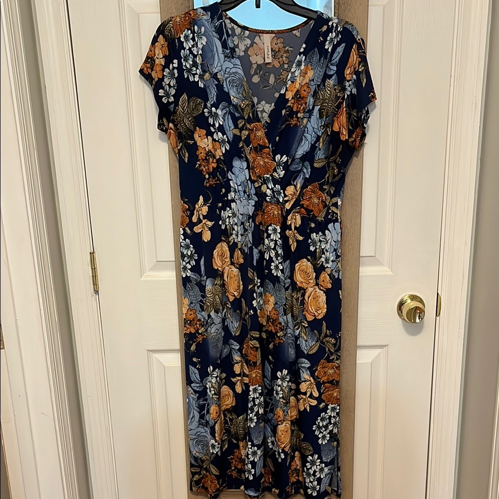 GILLI Floral V-Neck Dress - Blue and Orange EUC, large